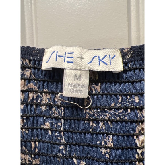 NWT She & Sky Women’s Off Shoulder Floral Ruffle Mini Dress Size M‎ Blue Brown - Picture 5 of 8